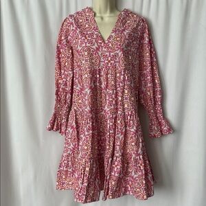 Tuckernuck Pink and Orange Floral Long Sleeve V-neck Flounce Dress **Size M** 🌸🌸
